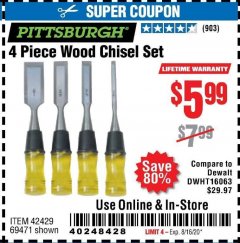 Harbor Freight Coupon 4 PIECE WOOD CHISEL SET Lot No. 42429/69471 Expired: 8/16/20 - $5.99