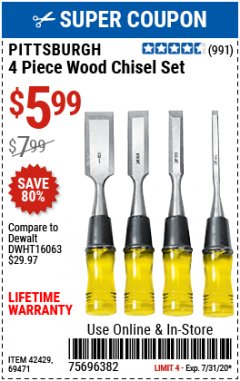 Harbor Freight Coupon 4 PIECE WOOD CHISEL SET Lot No. 42429/69471 Expired: 7/31/20 - $5.99