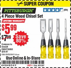 Harbor Freight Coupon 4 PIECE WOOD CHISEL SET Lot No. 42429/69471 Expired: 9/21/20 - $5.99