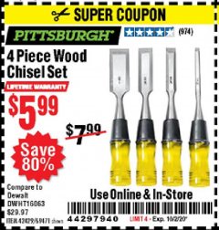 Harbor Freight Coupon 4 PIECE WOOD CHISEL SET Lot No. 42429/69471 Expired: 10/2/20 - $5.99