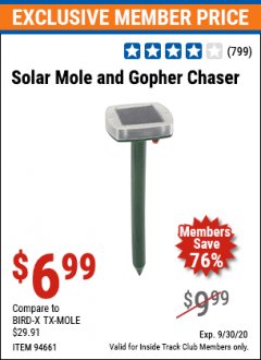 Harbor Freight ITC Coupon SOLAR MOLE CHASER Lot No. 61708/94661 Expired: 9/30/20 - $6.99