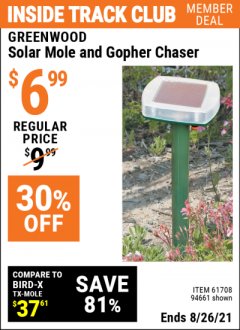 Harbor Freight ITC Coupon SOLAR MOLE CHASER Lot No. 61708/94661 Expired: 8/26/21 - $6.99