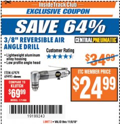 Harbor Freight ITC Coupon 3/8" REVERSIBLE AIR ANGLE DRILL Lot No. 67474/69495 Expired: 11/6/18 - $24.99