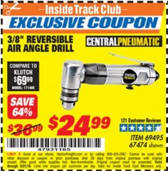 Harbor Freight ITC Coupon 3/8" REVERSIBLE AIR ANGLE DRILL Lot No. 67474/69495 Expired: 5/31/19 - $24.99