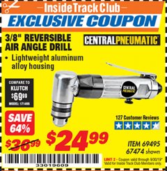 Harbor Freight ITC Coupon 3/8" REVERSIBLE AIR ANGLE DRILL Lot No. 67474/69495 Expired: 9/30/19 - $24.99