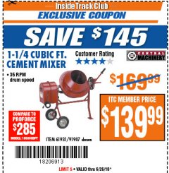 Harbor Freight ITC Coupon CENTRAL MACHINERY 1-1/4 CUBIC FT. CEMENT MIXER Lot No. 91907/91907 Expired: 6/26/18 - $139.99
