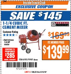 Harbor Freight ITC Coupon CENTRAL MACHINERY 1-1/4 CUBIC FT. CEMENT MIXER Lot No. 91907/91907 Expired: 8/14/18 - $139.99