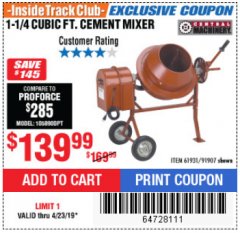 Harbor Freight ITC Coupon CENTRAL MACHINERY 1-1/4 CUBIC FT. CEMENT MIXER Lot No. 91907/91907 Expired: 4/23/19 - $139.99