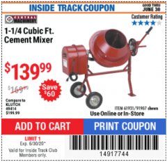 Harbor Freight ITC Coupon CENTRAL MACHINERY 1-1/4 CUBIC FT. CEMENT MIXER Lot No. 91907/91907 Expired: 6/30/20 - $139.99