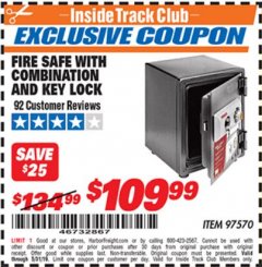 Harbor Freight ITC Coupon FIRESAFE WITH COMBINATION AND KEY LOCK Lot No. 97570 Expired: 5/31/19 - $109.99
