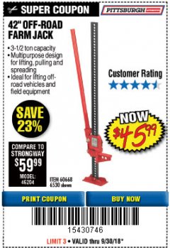 Harbor Freight Coupon 42" OFF-ROAD/FARM JACK Lot No. 6530/60668 Expired: 9/30/18 - $45.99
