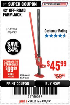 Harbor Freight Coupon 42" OFF-ROAD/FARM JACK Lot No. 6530/60668 Expired: 4/28/19 - $45.99