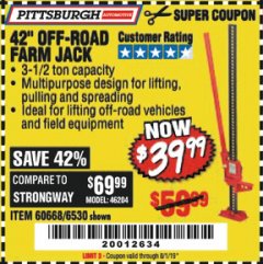 Harbor Freight Coupon 42" OFF-ROAD/FARM JACK Lot No. 6530/60668 Expired: 8/1/19 - $39.99