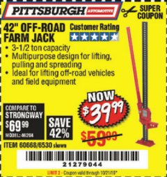 Harbor Freight Coupon 42" OFF-ROAD/FARM JACK Lot No. 6530/60668 Expired: 10/21/19 - $39.99