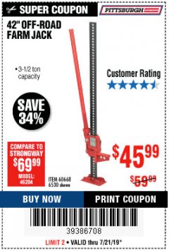 Harbor Freight Coupon 42" OFF-ROAD/FARM JACK Lot No. 6530/60668 Expired: 7/21/19 - $45.99