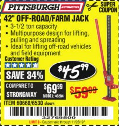 Harbor Freight Coupon 42" OFF-ROAD/FARM JACK Lot No. 6530/60668 Expired: 11/28/19 - $45.99