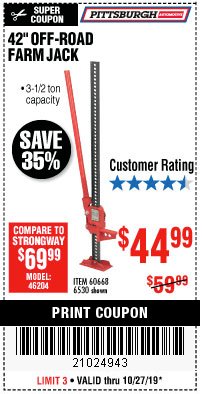 Harbor Freight Coupon 42" OFF-ROAD/FARM JACK Lot No. 6530/60668 Expired: 10/27/19 - $44.99