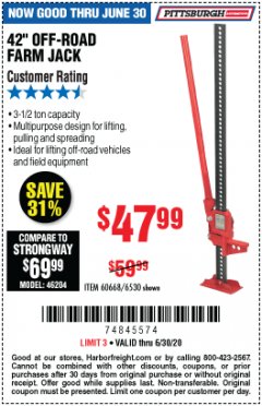Harbor Freight Coupon 42" OFF-ROAD/FARM JACK Lot No. 6530/60668 Expired: 6/30/20 - $47.99