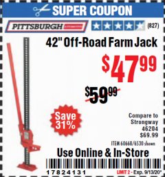 Harbor Freight Coupon 42" OFF-ROAD/FARM JACK Lot No. 6530/60668 Expired: 9/13/20 - $47.99