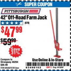 Harbor Freight Coupon 42" OFF-ROAD/FARM JACK Lot No. 6530/60668 Expired: 9/13/20 - $47.99