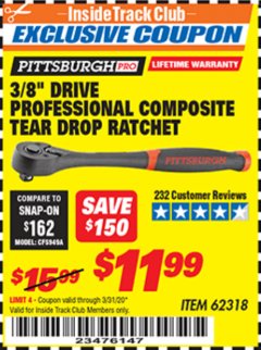 Harbor Freight ITC Coupon 3/8" DRIVE PROFESSIONAL COMPOSITE TEAR DROP RATCHET Lot No. 62318 Expired: 3/31/20 - $11.99