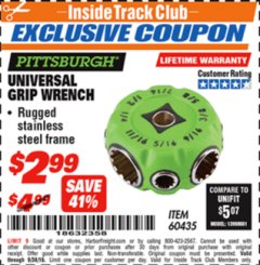 Harbor Freight ITC Coupon UNIVERSAL GRIP WRENCH Lot No. 60435 Expired: 9/30/18 - $2.99