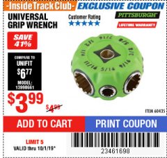 Harbor Freight ITC Coupon UNIVERSAL GRIP WRENCH Lot No. 60435 Expired: 10/1/19 - $3.99