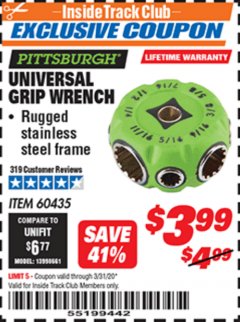 Harbor Freight ITC Coupon UNIVERSAL GRIP WRENCH Lot No. 60435 Expired: 3/31/20 - $3.99