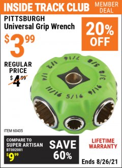 Harbor Freight ITC Coupon UNIVERSAL GRIP WRENCH Lot No. 60435 Expired: 8/26/21 - $3.99