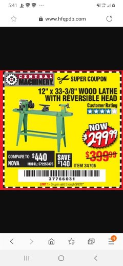 Harbor Freight Coupon 12" x 33-3/8" WOOD LATHE WITH REVERSIBLE HEAD Lot No. 34706 Expired: 6/21/20 - $299.99