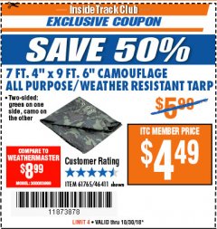 Harbor Freight ITC Coupon HFT 7 FT. 4 IN. X 9 FT. 6 IN. CAMOUFLAGE ALL-PURPOSE/WEATHER-RESISTANT TARP Lot No. 61765 Expired: 10/30/18 - $4.49