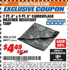 Harbor Freight ITC Coupon HFT 7 FT. 4 IN. X 9 FT. 6 IN. CAMOUFLAGE ALL-PURPOSE/WEATHER-RESISTANT TARP Lot No. 61765 Expired: 12/31/18 - $4.49