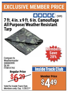 Harbor Freight ITC Coupon HFT 7 FT. 4 IN. X 9 FT. 6 IN. CAMOUFLAGE ALL-PURPOSE/WEATHER-RESISTANT TARP Lot No. 61765 Expired: 1/28/21 - $4.49
