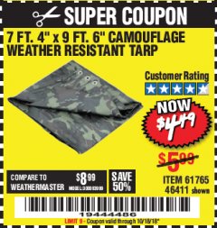 Harbor Freight Coupon HFT 7 FT. 4 IN. X 9 FT. 6 IN. CAMOUFLAGE ALL-PURPOSE/WEATHER-RESISTANT TARP Lot No. 61765 Expired: 10/18/18 - $0