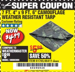 Harbor Freight Coupon HFT 7 FT. 4 IN. X 9 FT. 6 IN. CAMOUFLAGE ALL-PURPOSE/WEATHER-RESISTANT TARP Lot No. 61765 Expired: 6/30/20 - $4.49