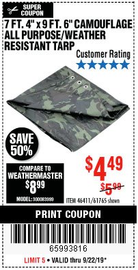 Harbor Freight Coupon HFT 7 FT. 4 IN. X 9 FT. 6 IN. CAMOUFLAGE ALL-PURPOSE/WEATHER-RESISTANT TARP Lot No. 61765 Expired: 9/22/19 - $4.49