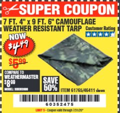 Harbor Freight Coupon HFT 7 FT. 4 IN. X 9 FT. 6 IN. CAMOUFLAGE ALL-PURPOSE/WEATHER-RESISTANT TARP Lot No. 61765 Expired: 12/31/20 - $4.49
