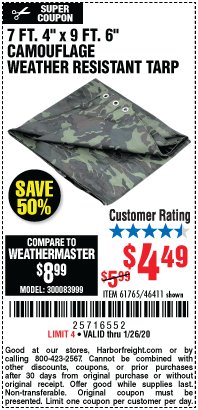 Harbor Freight Coupon 7 FT. 4" x 9 FT. 6" CAMOUFLAGE ALL PURPOSE/WEATHER RESISTANT TARP Lot No. 46411/61765 Expired: 1/26/20 - $4.49