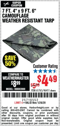 Harbor Freight Coupon HFT 7 FT. 4 IN. X 9 FT. 6 IN. CAMOUFLAGE ALL-PURPOSE/WEATHER-RESISTANT TARP Lot No. 61765 Expired: 1/26/20 - $4.49