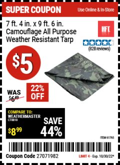 Harbor Freight Coupon HFT 7 FT. 4 IN. X 9 FT. 6 IN. CAMOUFLAGE ALL-PURPOSE/WEATHER-RESISTANT TARP Lot No. 61765 Expired: 10/30/22 - $5
