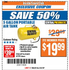Harbor Freight ITC Coupon 5 GALLON PORTABLE STEEL AIR TANK Lot No. 65594/69716 Expired: 6/5/18 - $19.99