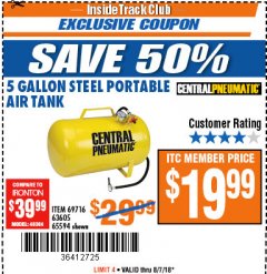 Harbor Freight ITC Coupon 5 GALLON PORTABLE STEEL AIR TANK Lot No. 65594/69716 Expired: 8/7/18 - $19.99