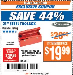 Harbor Freight ITC Coupon 21" STEEL TOOLBOX Lot No. 91111 Expired: 10/23/18 - $19.99
