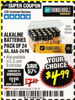 Harbor Freight Coupon THUNDERBOLT MAGNUM ALKALINE BATTERIES AA, AAA - 24 PK Lot No. 92405/61270/92404/69568/61271/92406/61272/92407/61279/92408 Expired: 11/30/18 - $4.99
