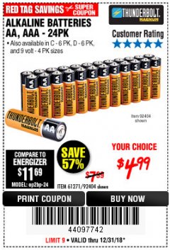 Harbor Freight Coupon THUNDERBOLT MAGNUM ALKALINE BATTERIES AA, AAA - 24 PK Lot No. 92405/61270/92404/69568/61271/92406/61272/92407/61279/92408 Expired: 12/31/18 - $4.99