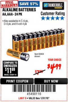 Harbor Freight Coupon THUNDERBOLT MAGNUM ALKALINE BATTERIES AA, AAA - 24 PK Lot No. 92405/61270/92404/69568/61271/92406/61272/92407/61279/92408 Expired: 1/31/19 - $4.99