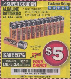 Harbor Freight Coupon THUNDERBOLT MAGNUM ALKALINE BATTERIES AA, AAA - 24 PK Lot No. 92405/61270/92404/69568/61271/92406/61272/92407/61279/92408 Expired: 4/13/19 - $5