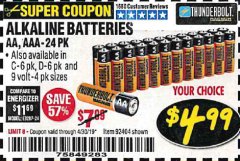 Harbor Freight Coupon THUNDERBOLT MAGNUM ALKALINE BATTERIES AA, AAA - 24 PK Lot No. 92405/61270/92404/69568/61271/92406/61272/92407/61279/92408 Expired: 4/30/19 - $4.99