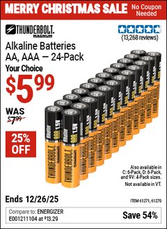 Harbor Freight Coupon THUNDERBOLT MAGNUM ALKALINE BATTERIES Lot No. 61271/92404/61270/61272/92406/61279/92408 Valid Thru: 12/26/25 - $5.99