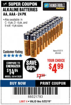 Harbor Freight Coupon THUNDERBOLT MAGNUM ALKALINE BATTERIES AA, AAA - 24 PK Lot No. 92405/61270/92404/69568/61271/92406/61272/92407/61279/92408 Expired: 9/22/19 - $4.99